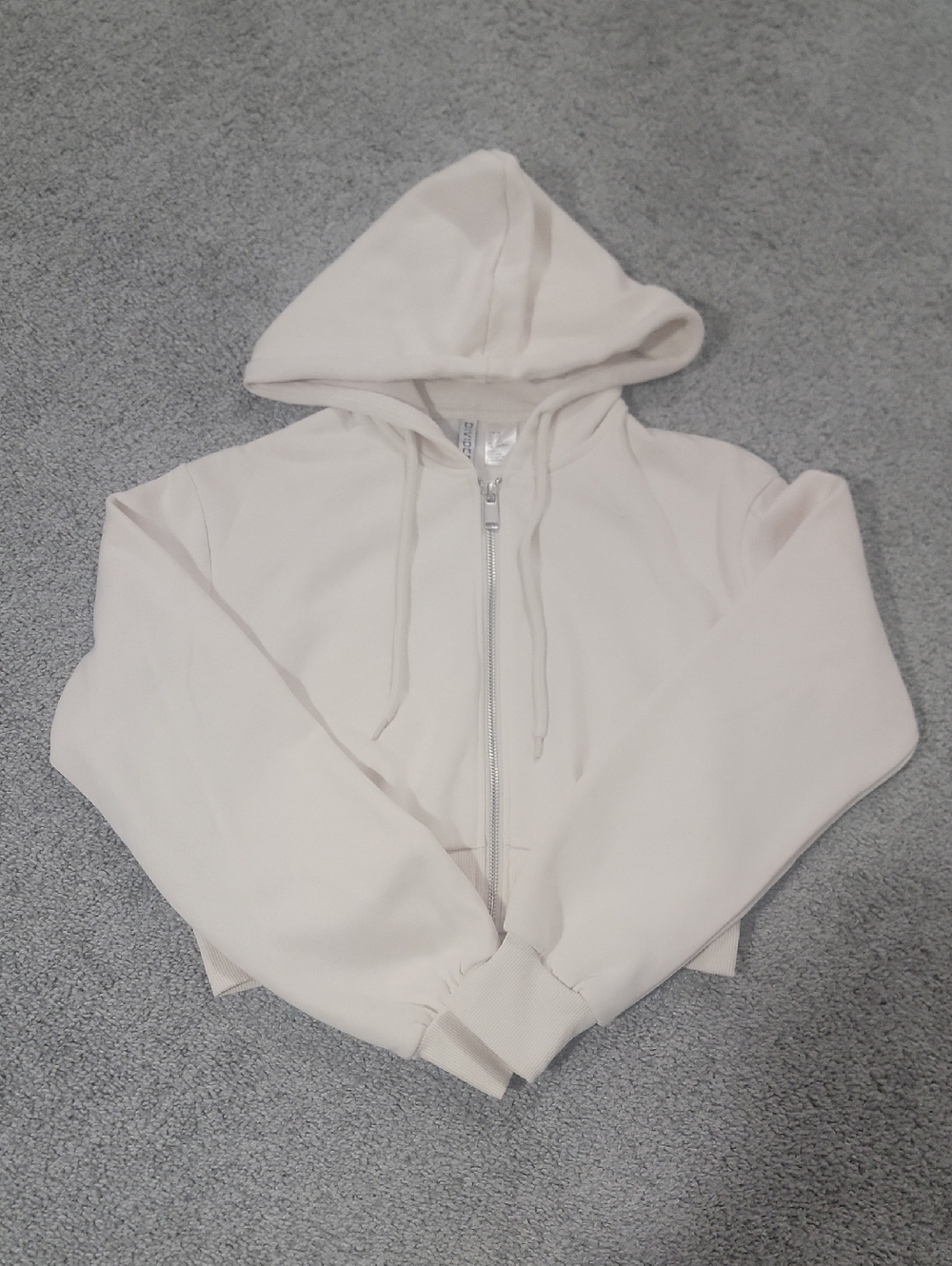 XS Divided Cropped Cream Zip Hoodie with Silver Zipper